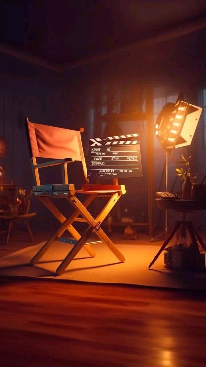 Cadeira de diretor e claquete sob um refletor